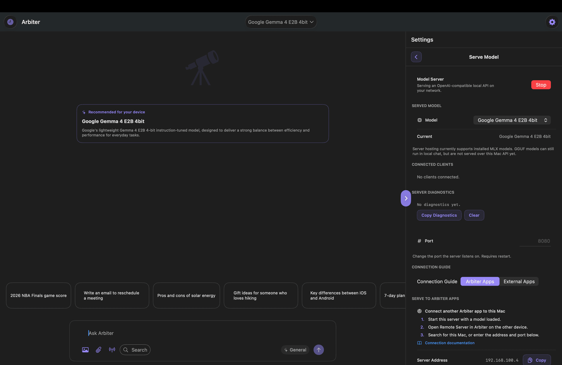 macOS Serve Model interface with server running