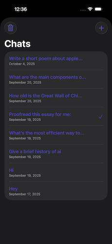 Screen showing all locally saved chats