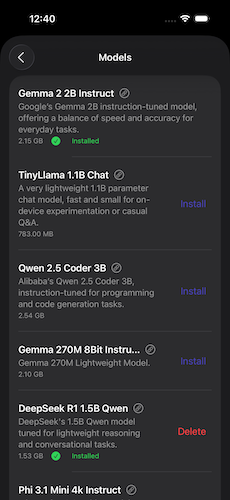 Settings screen with model selection