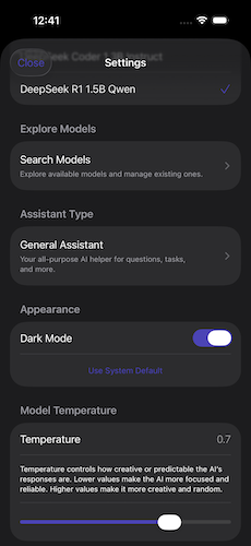 Settings screen with model selection
