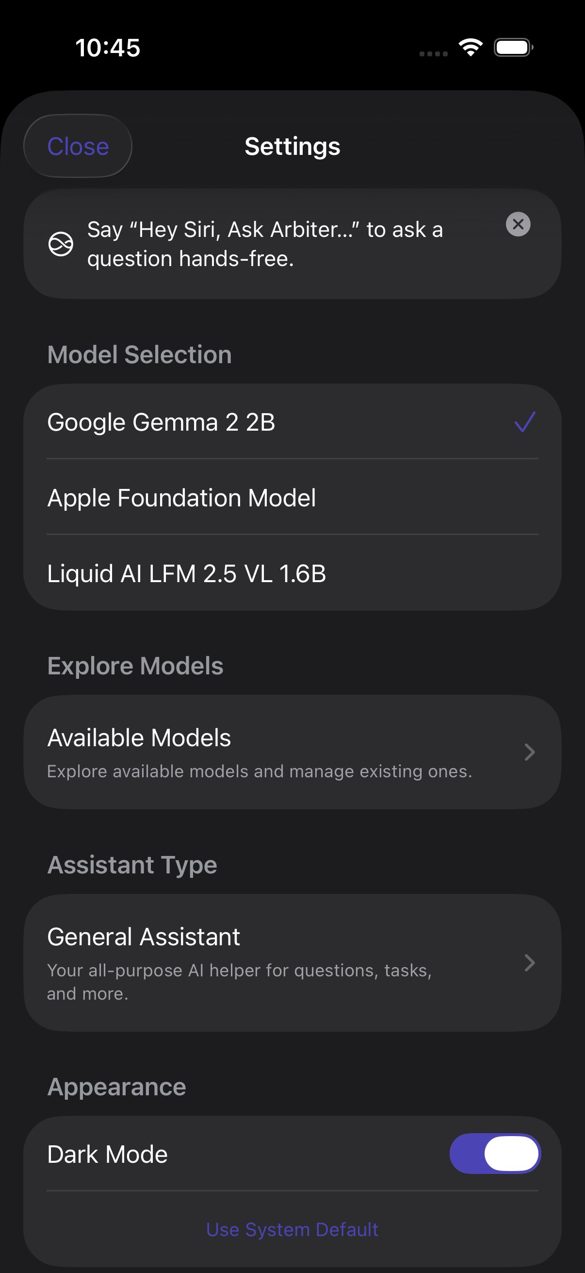 Settings screen with model selection
