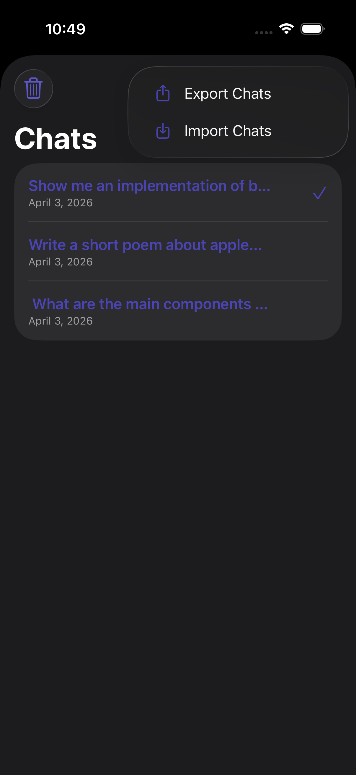 Settings screen with model selection