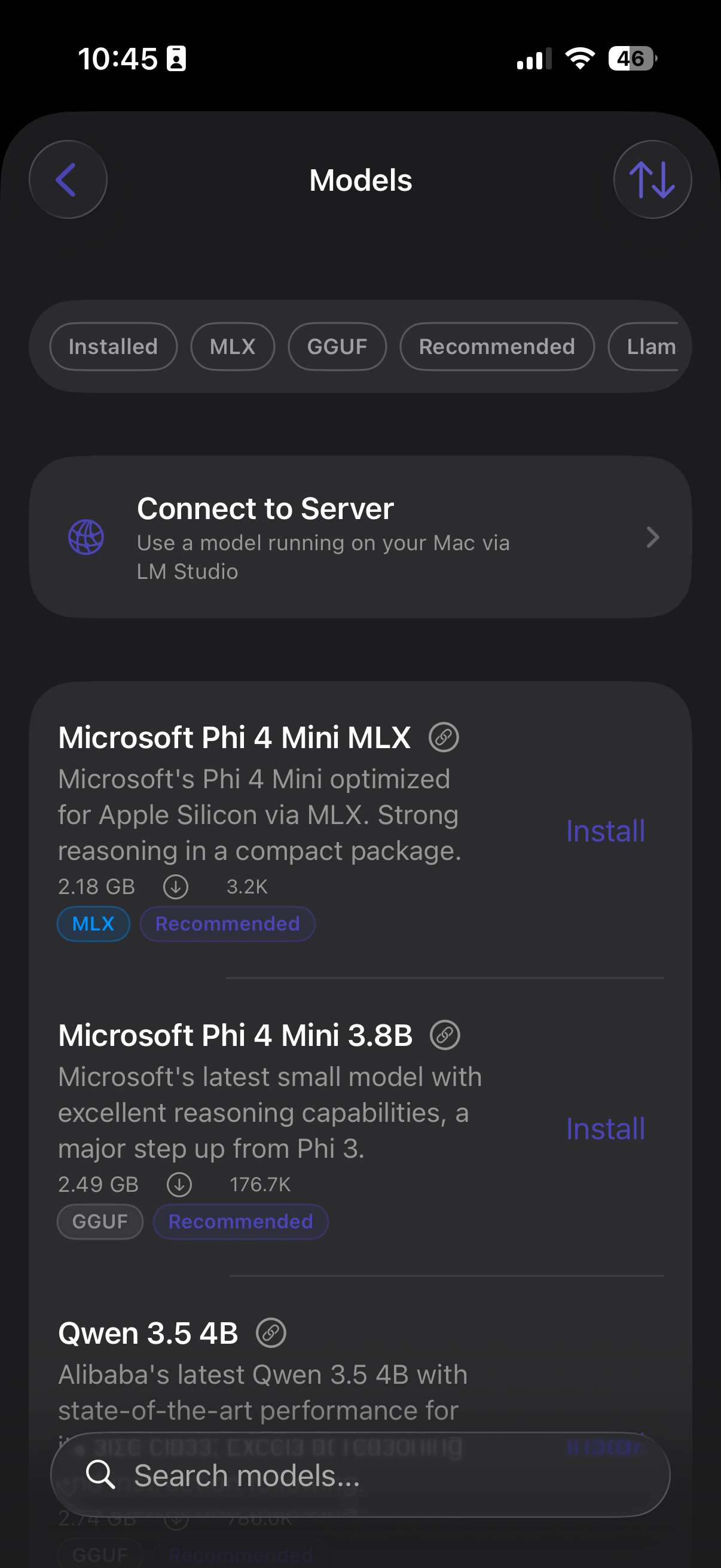 Model catalog with filter chips and search