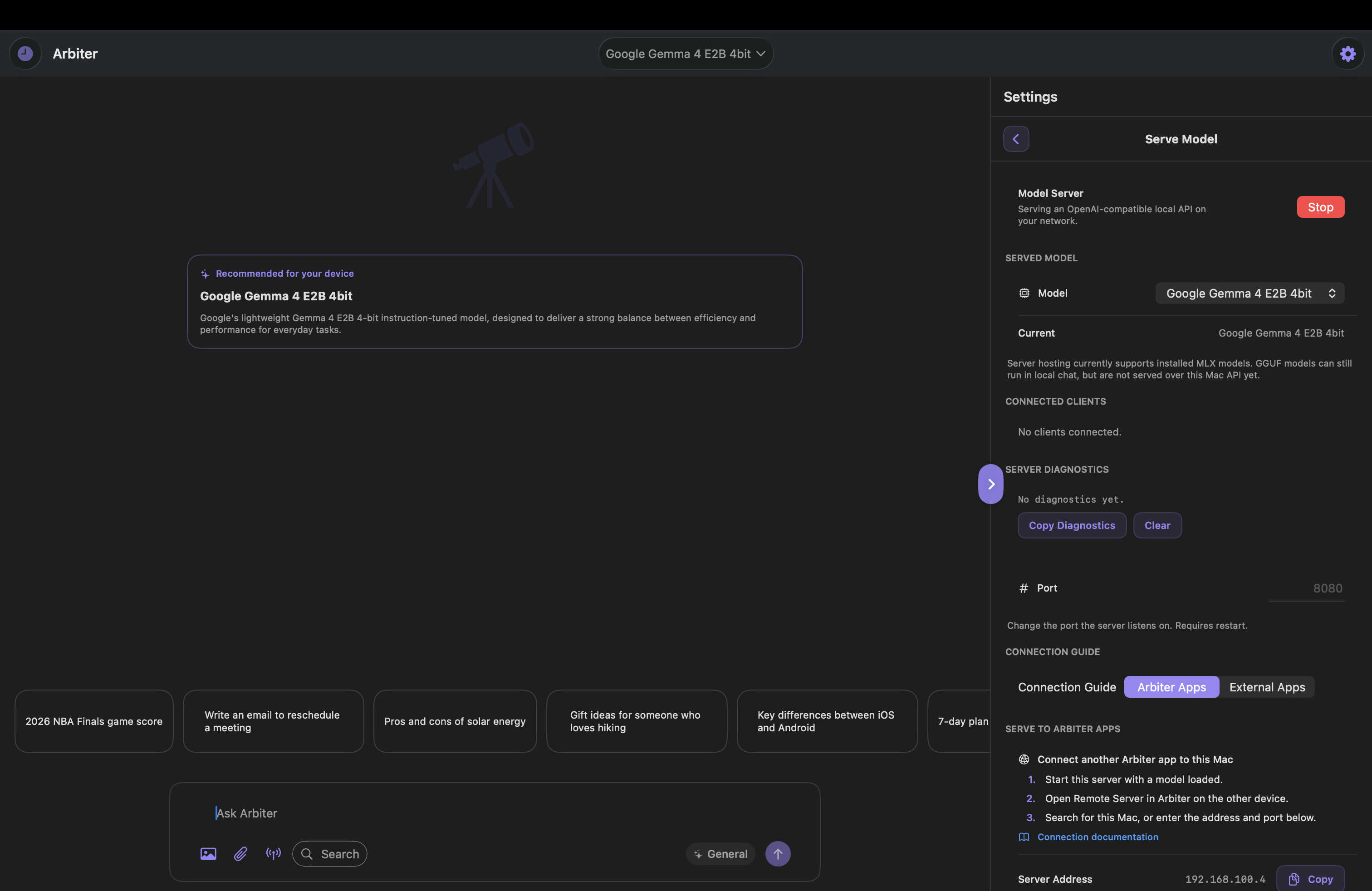 macOS Serve Model interface with server running