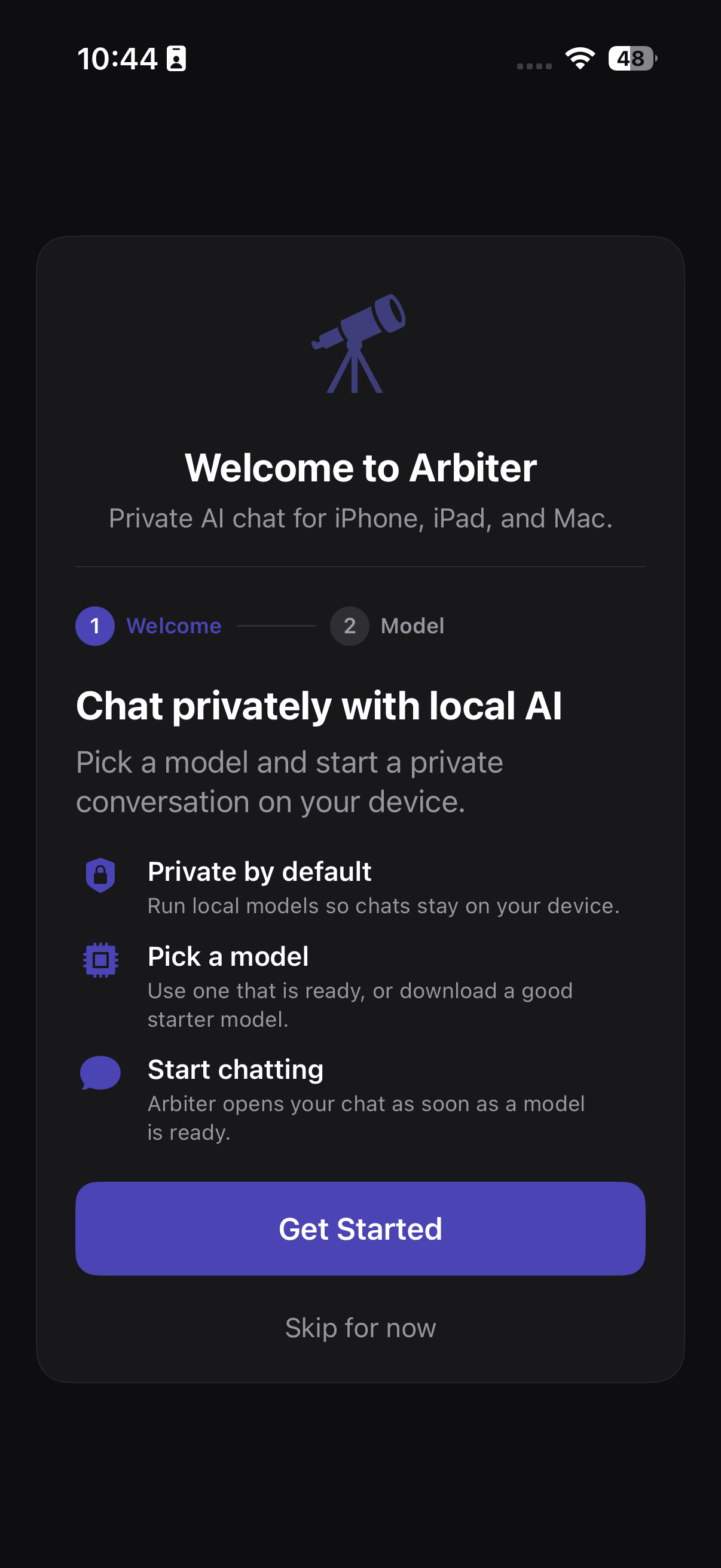 Arbiter welcome screen with onboarding steps