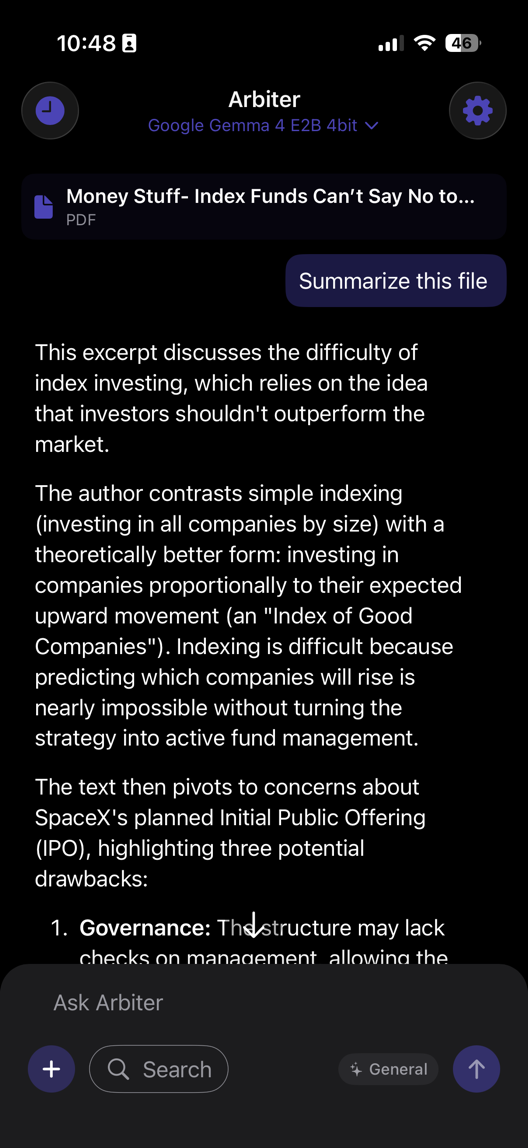 Arbiter summarizing an uploaded document on iPhone